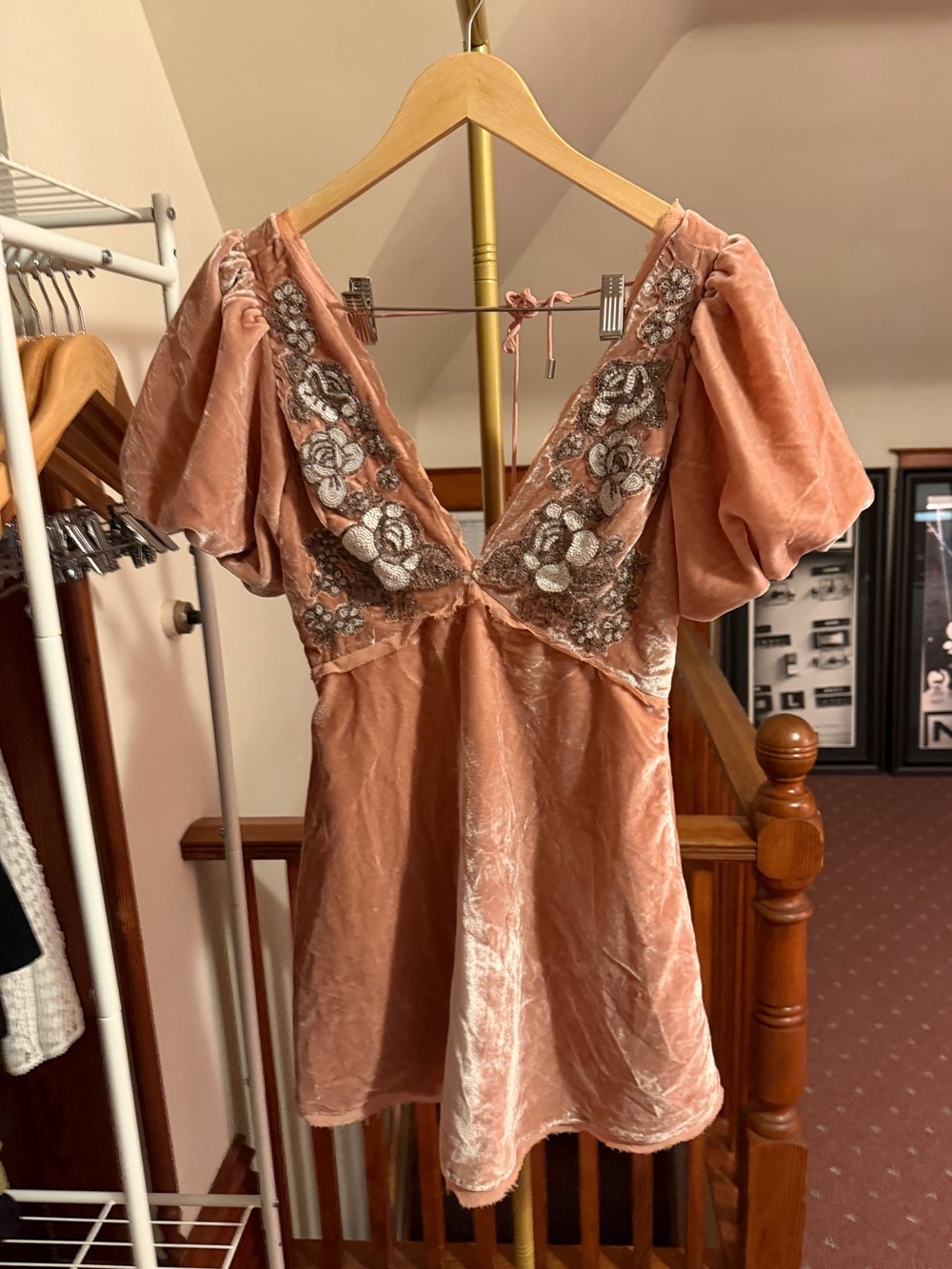 Suki Velvet Mini Dress Free People Dusty Rose Beaded Puff Sleeve